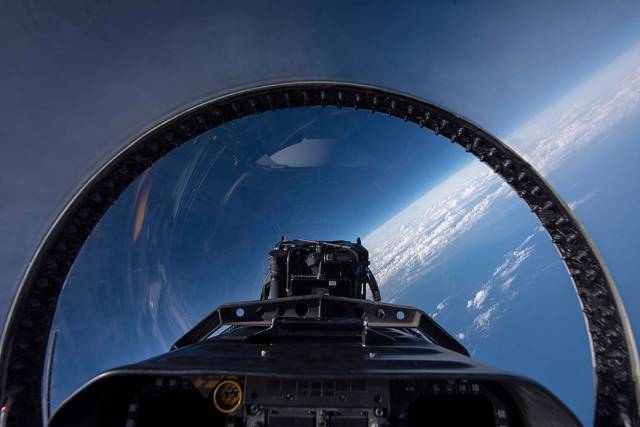 View within the NASA Armstrong Flight Research Center’s F/A-18 research aircraft cockpit, while in flight.