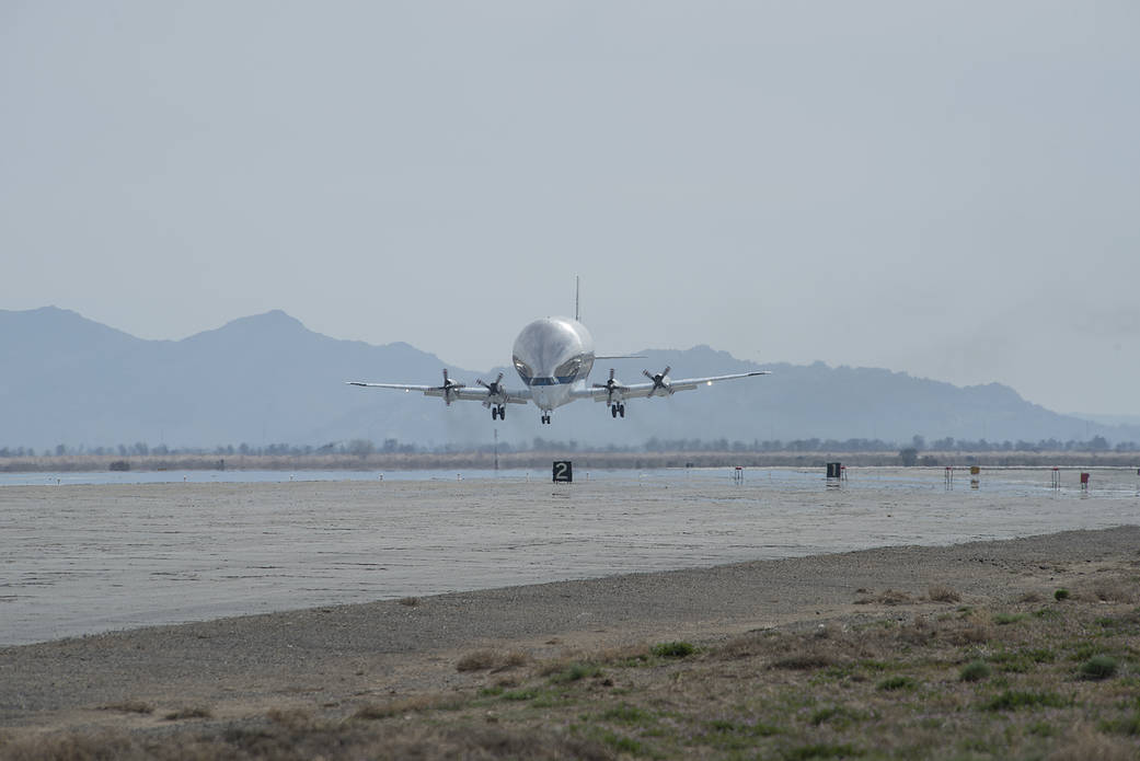 NASA’s Super Guppy cargo transport aircraft coming in for landing at Plant 42 in Palmdale, California on April 1, 2019. 