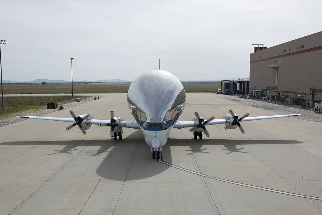 A front view of the NASA’s Super Guppy cargo transport aircraft as it taxis in at NASA’s AFRC's Building 703 ramp.