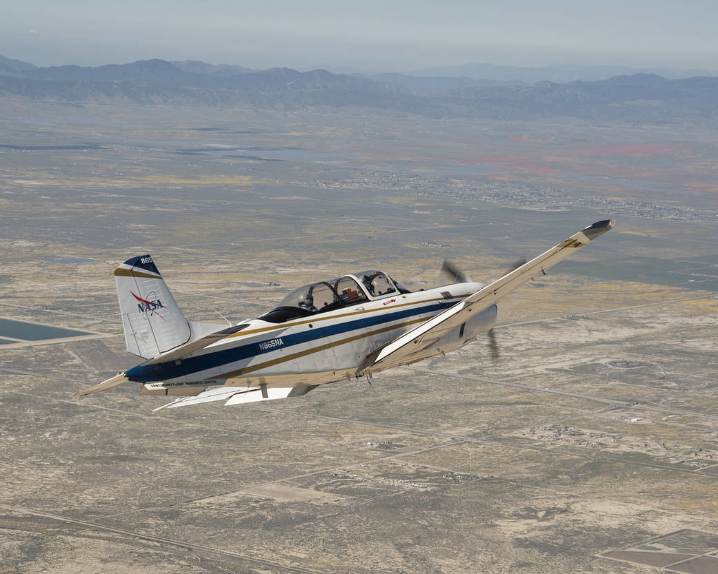 NASA’s T-34 aircraft heading toward Southern California’s Antelope Valley Poppy Reserve.