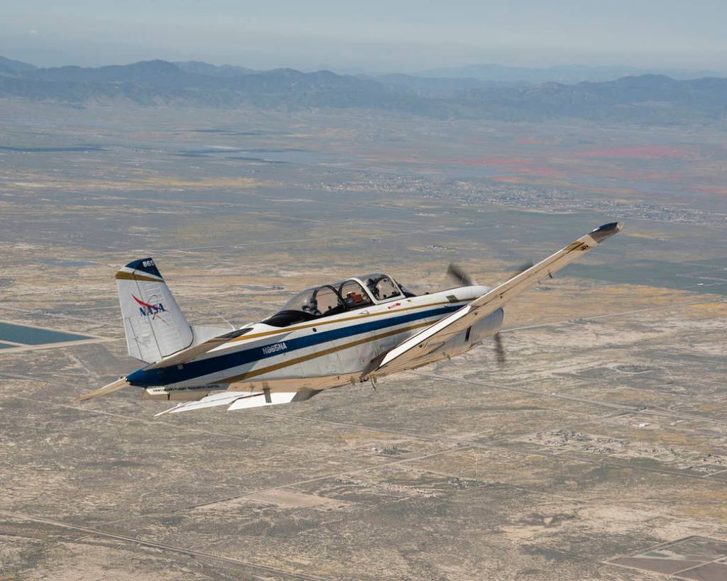 NASA’s T-34 aircraft heading toward Southern California’s Antelope Valley Poppy Reserve. 