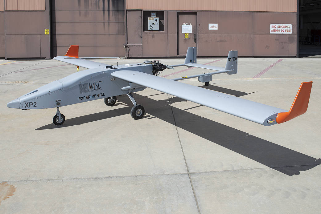 The fully assembled TigerShark unmanned aircraft system, seen here near a hangar at NASA’s Armstrong Flight Research Center.