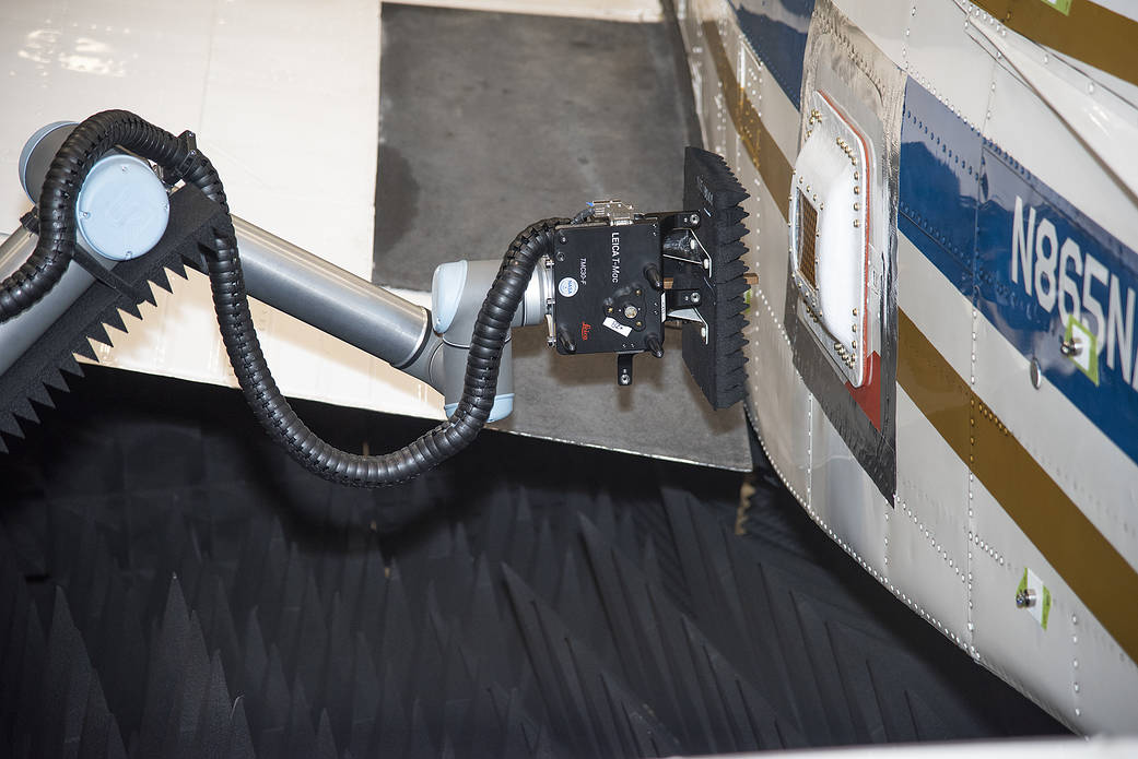 Tests were conducted with a robotic antenna scanner at NASA’s Armstrong Flight Research Center in California. 