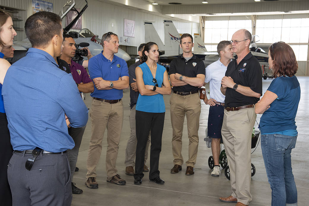 NASA’s, X-59 pilot Nils Larsen, briefs the 2017 astronauts about Armstrong’s fleet of supersonic research support aircraft
