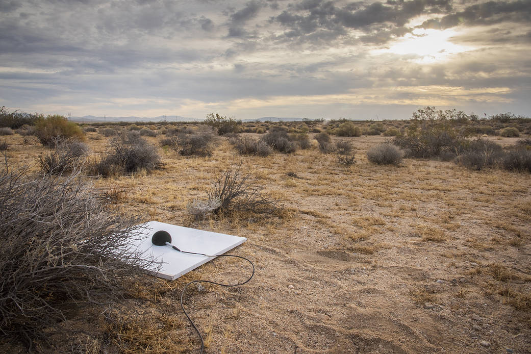 One of multiple microphone stations used in the CarpetDIEM flight series sits in the Mojave Desert in California.