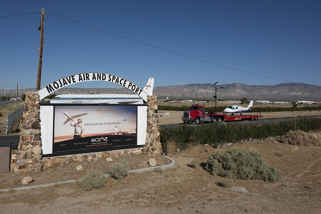 NASA’s all-electric X-57 Maxwell, in its Mod II configuration, departs Mojave Air and Space Port for AFRC.