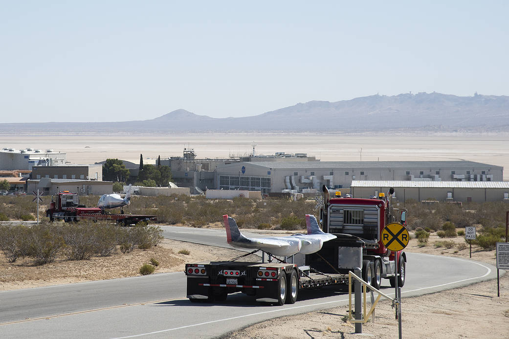 NASA’s all-electric X-57 Maxwell, in its Mod II configuration, arrives at AFRC.