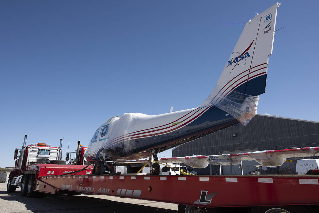 NASA’s all-electric X-57 Maxwell, in its Mod II configuration, arrives at AFRC.