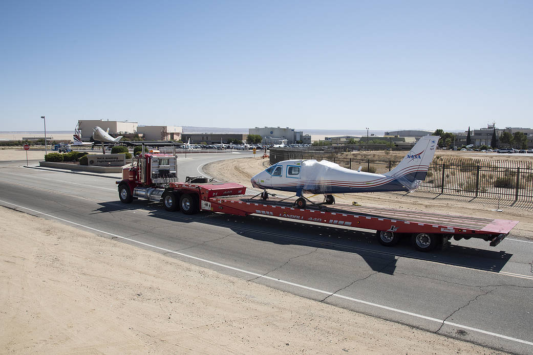 NASA’s all-electric X-57 Maxwell, in its Mod II configuration, arrives at AFRC.