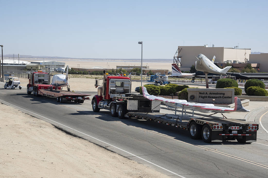 NASA’s all-electric X-57 Maxwell, in its Mod II configuration, arrives at NASA’s AFRC in Edwards, CA.