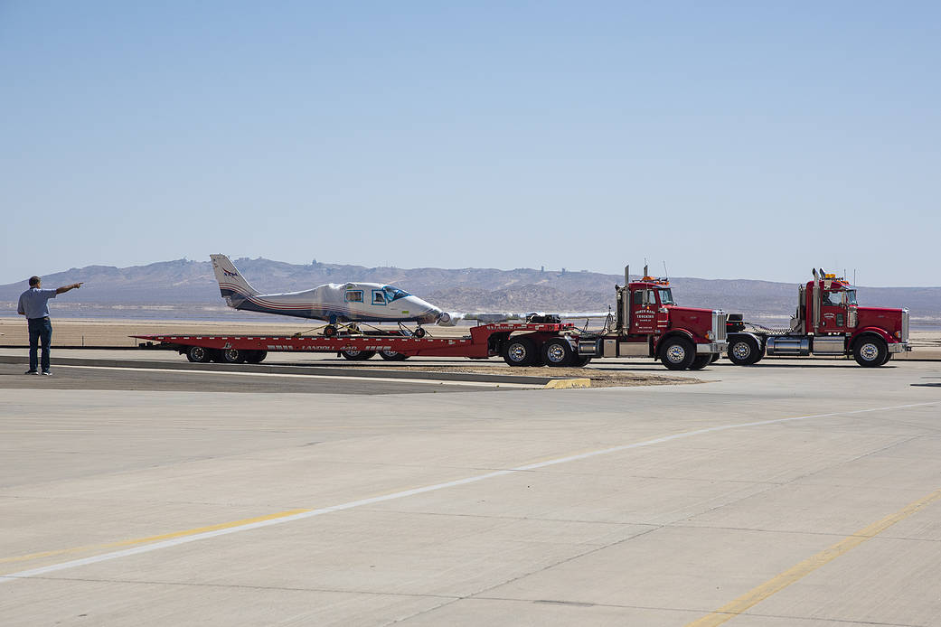 NASA’s all-electric X-57 Maxwell, in its Mod II configuration, arrives at AFRC in EEdwards, California. 