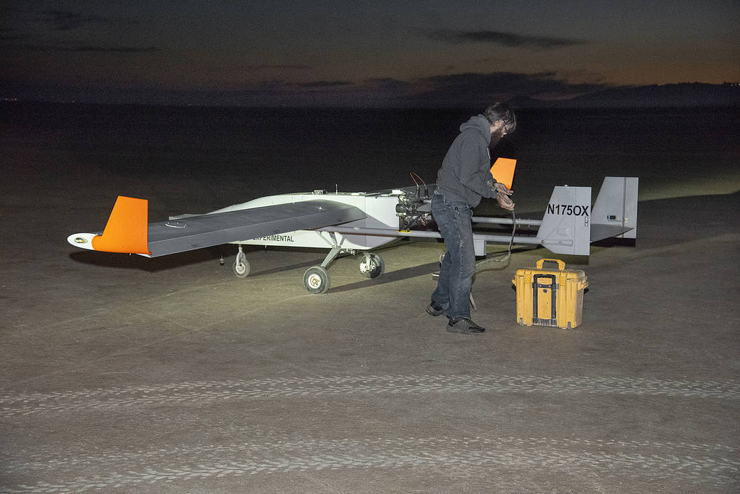 The Navmar Applied Sciences Corporation’s TigerShark prepares for its final takeoff at Edwards Air Force Base.