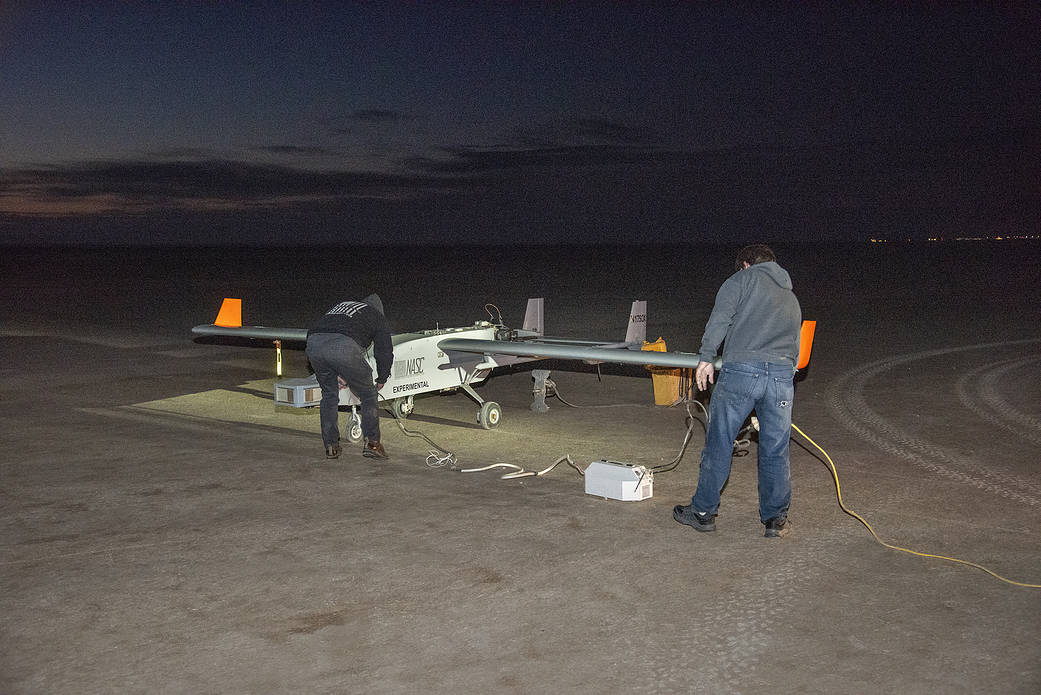 The Navmar Applied Sciences Corporation’s TigerShark prepares for its final takeoff at Edwards Air Force Base.