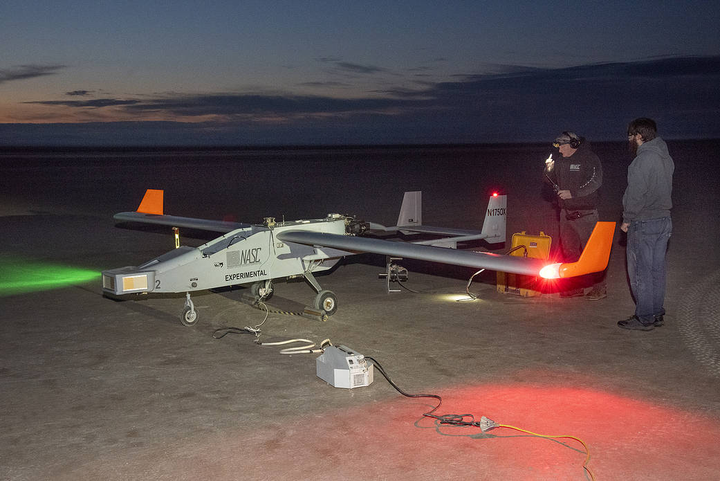 The Navmar Applied Sciences Corporation’s TigerShark prepares for its final takeoff at Edwards Air Force Base.
