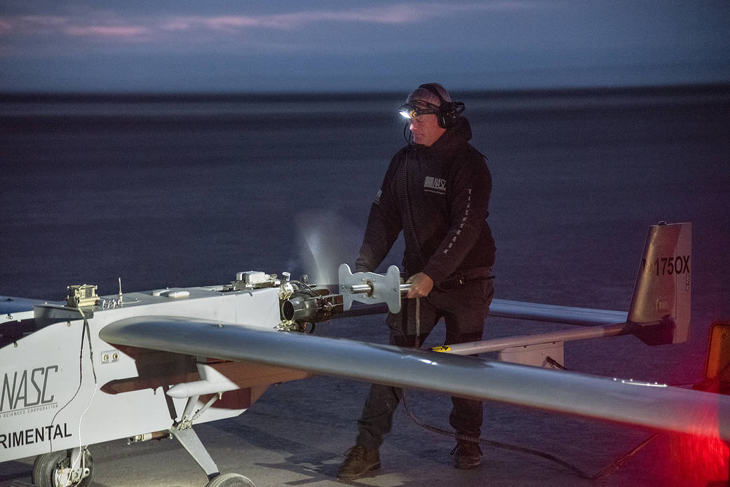 The Navmar Applied Sciences Corporation’s TigerShark prepares for its final takeoff at Edwards Air Force Base.