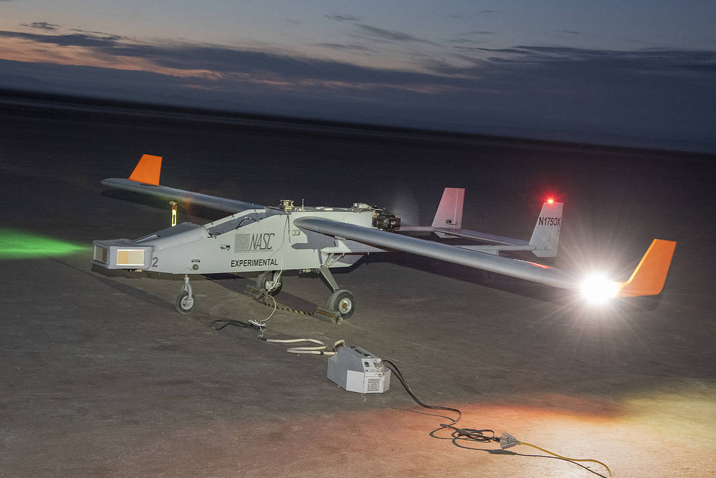 The Navmar Applied Sciences Corporation’s TigerShark prepares for its final takeoff at Edwards Air Force Base.