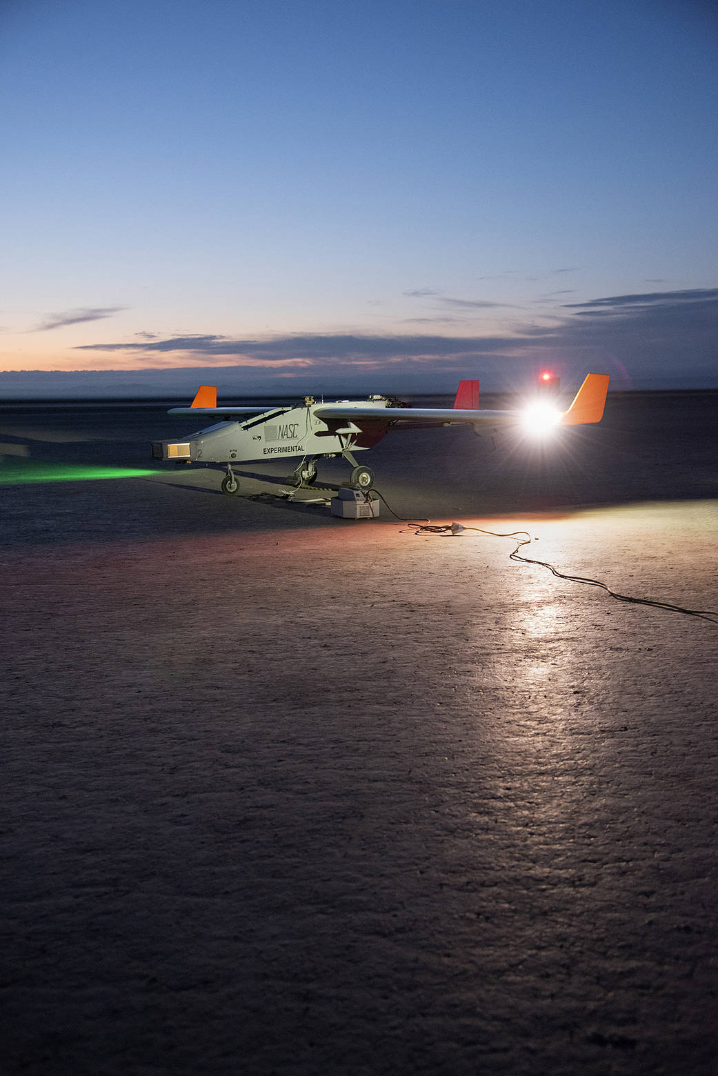 The Navmar Applied Sciences Corporation’s TigerShark prepares for its final takeoff at Edwards Air Force Base.