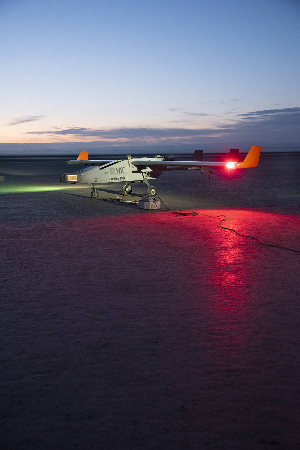 The Navmar Applied Sciences Corporation’s TigerShark prepares for its final takeoff at Edwards Air Force Base.