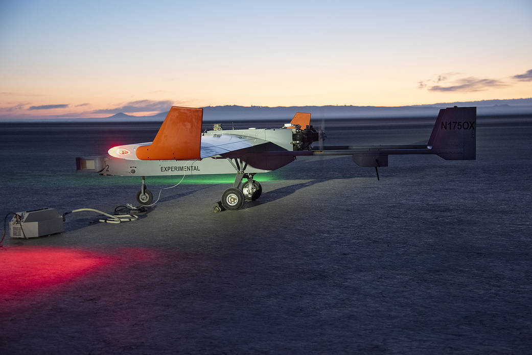 The Navmar Applied Sciences Corporation’s TigerShark prepares for its final takeoff at Edwards Air Force Base.
