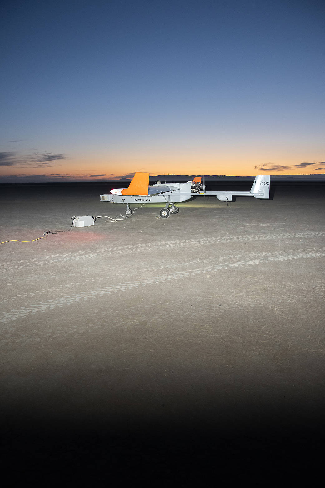 The Navmar Applied Sciences Corporation’s TigerShark prepares for its final takeoff at Edwards Air Force Base.