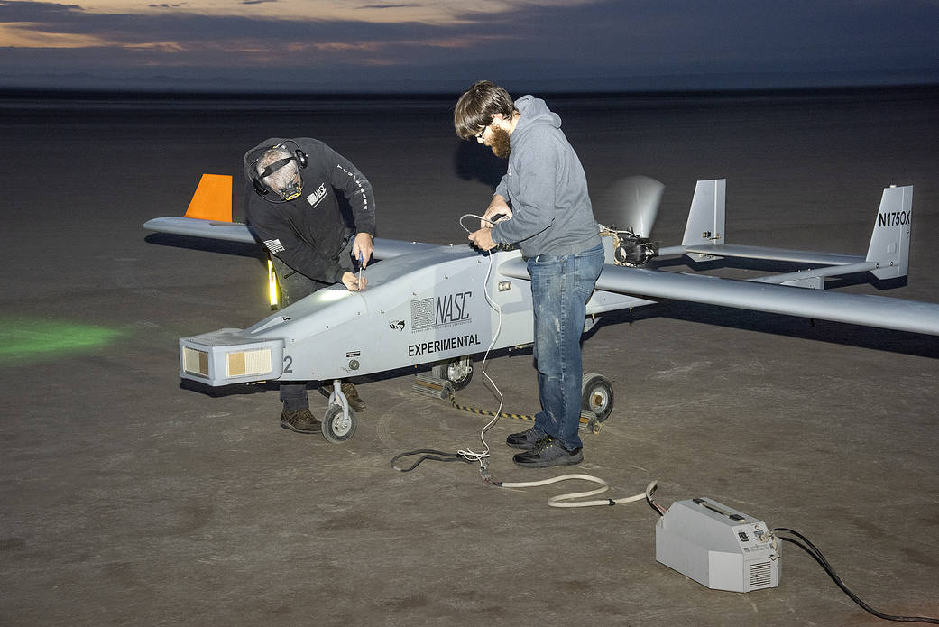 The Navmar Applied Sciences Corporation’s TigerShark prepares for its final takeoff at Edwards Air Force Base.