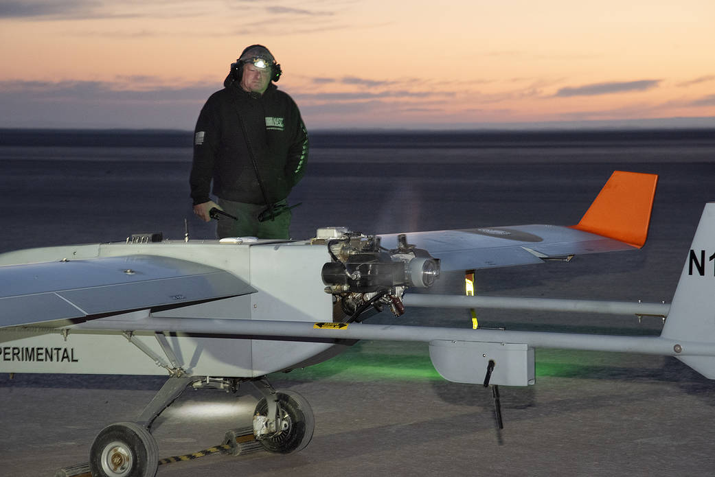 The Navmar Applied Sciences Corporation’s TigerShark prepares for its final takeoff at Edwards Air Force Base.