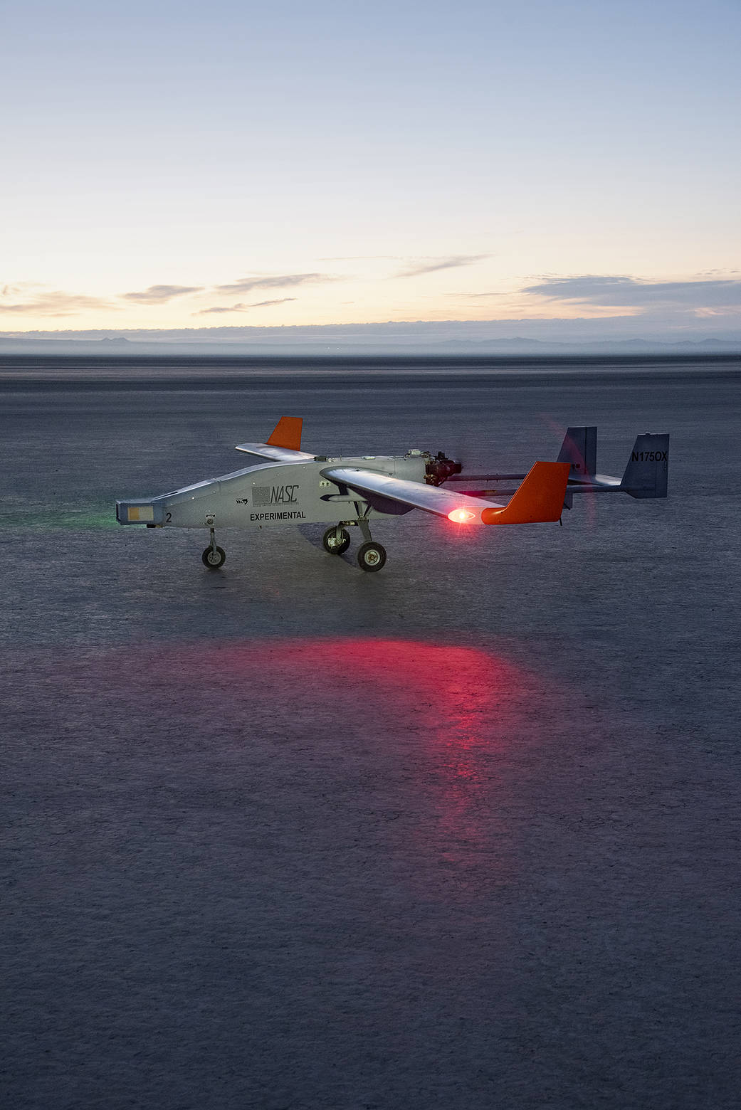 The Navmar Applied Sciences Corporation’s TigerShark prepares for its final takeoff at Edwards Air Force Base.