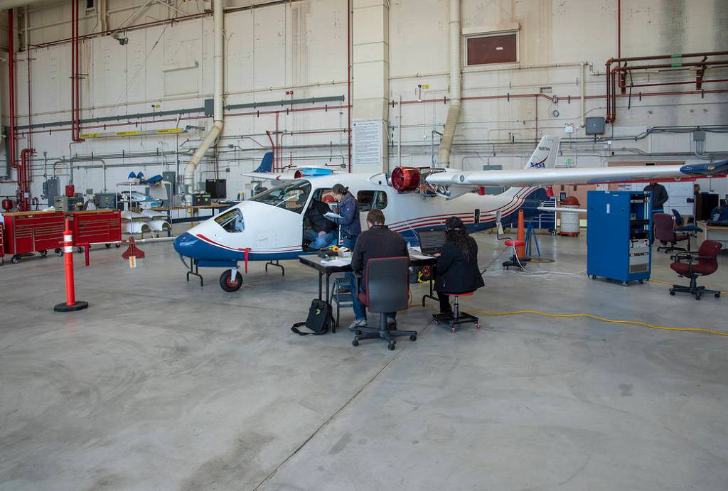 Telemetry Testing Begins on All-Electric X-57 Maxwell inside a hangar.