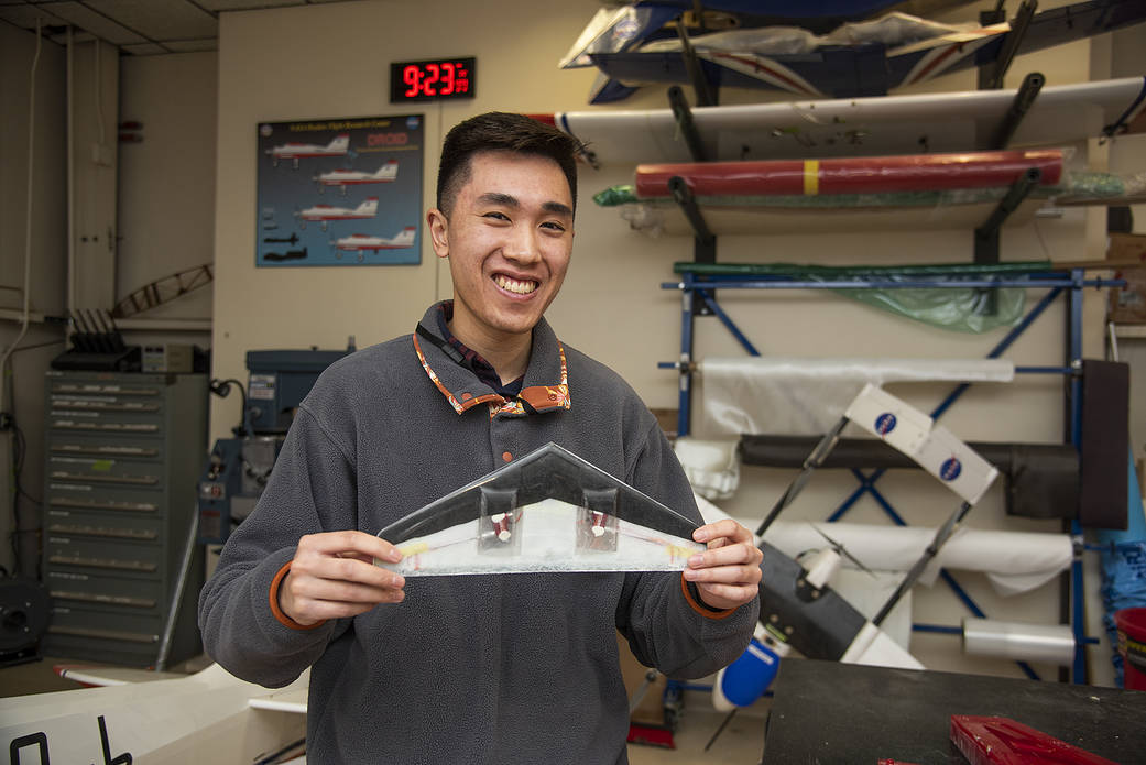 Nathan Sam shows the Prandtl-M aircraft he helped fabricate.