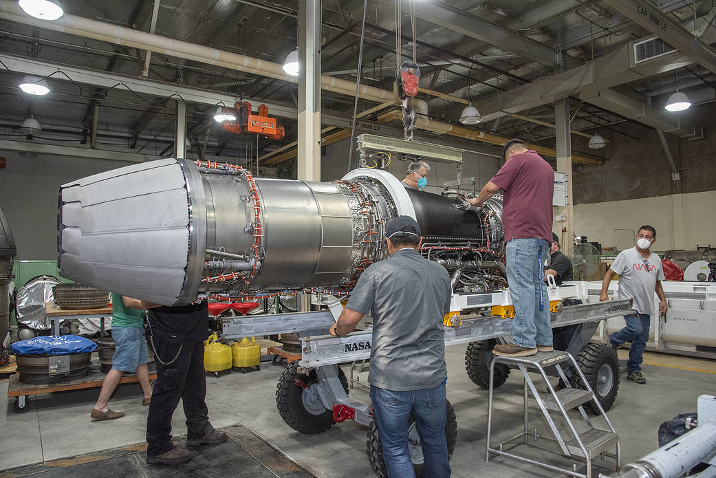 The F414-GE-100 engine that will power NASA's X-59  is unboxed at AFRC