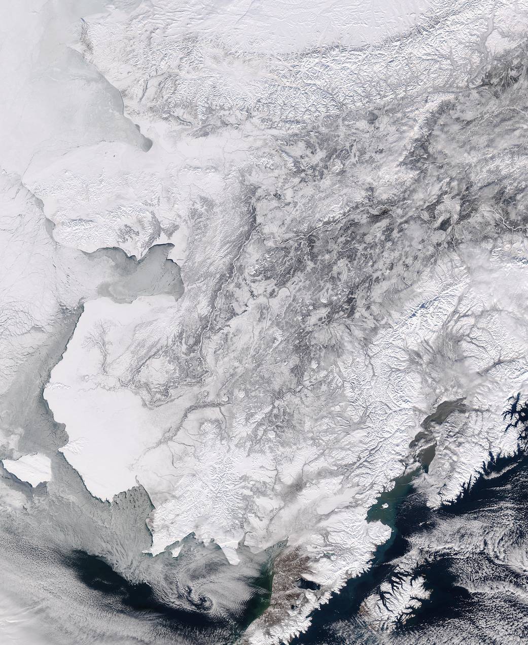 Satellite image of snow covered terrain in western Alaska
