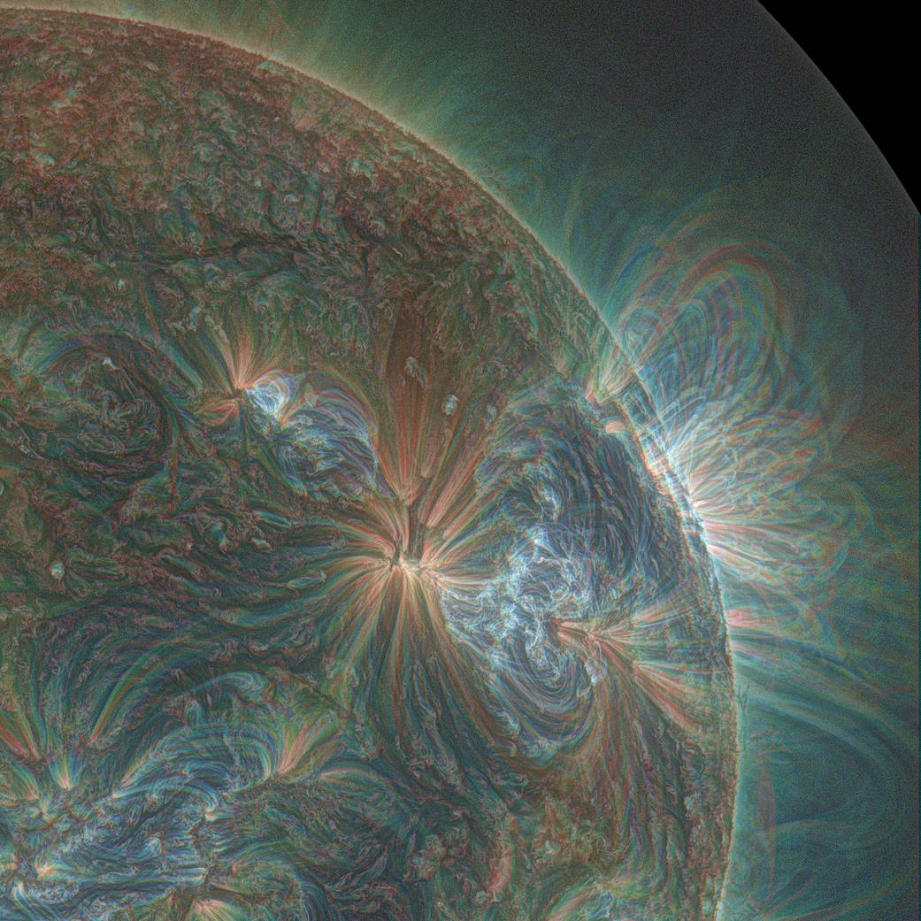 Colorized SDO view of coronal puffs on 17 Jan 2013.