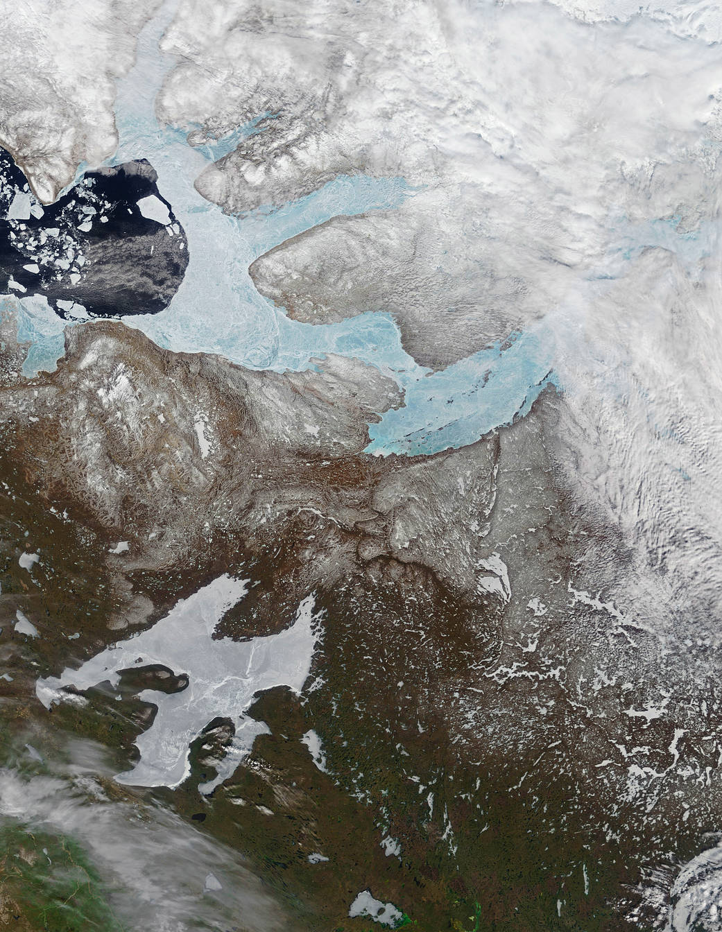 Satellite image of Arctic lakes and rivers with ice cover