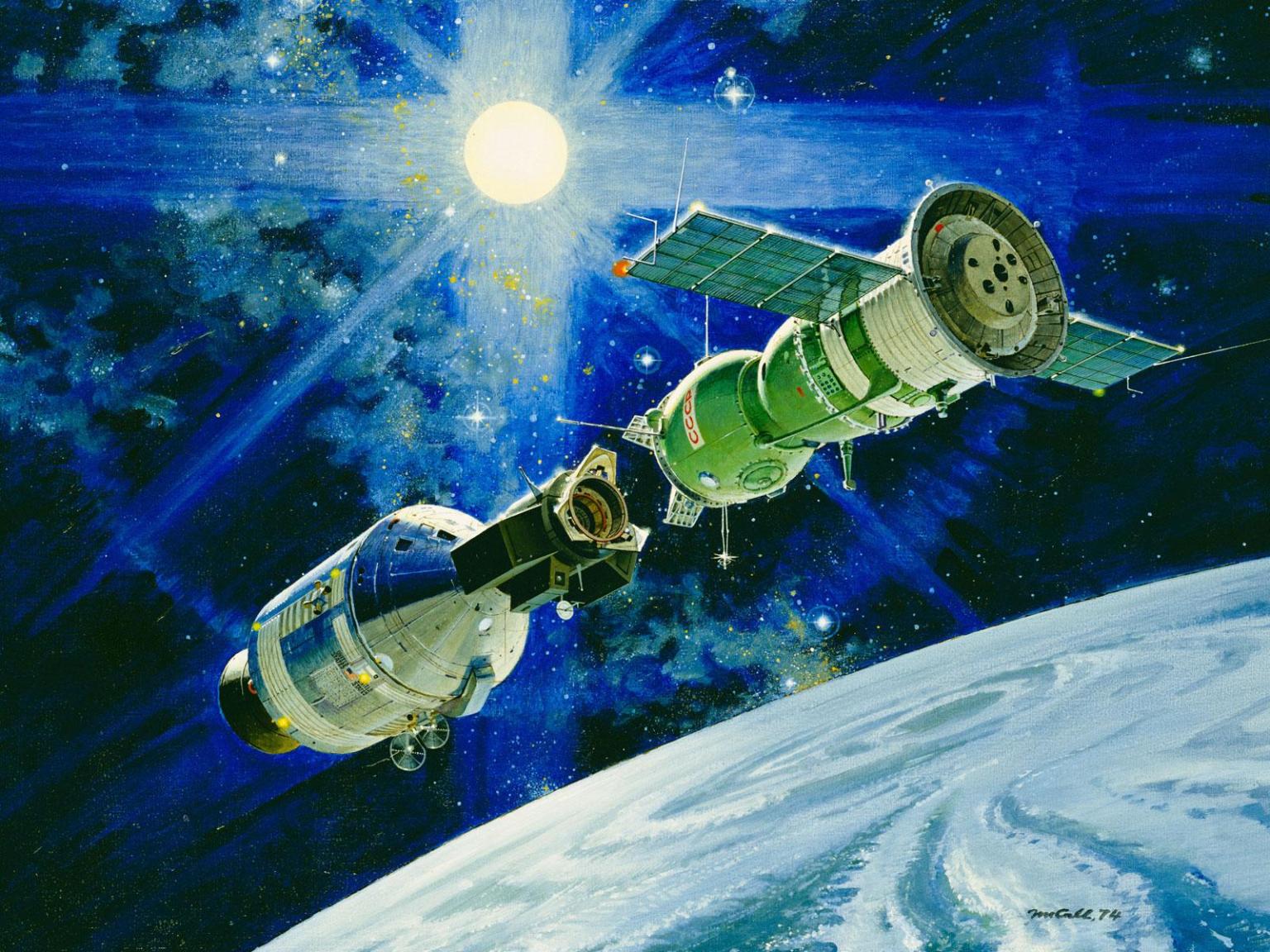 Artist concept of Apollo Soyuz docking