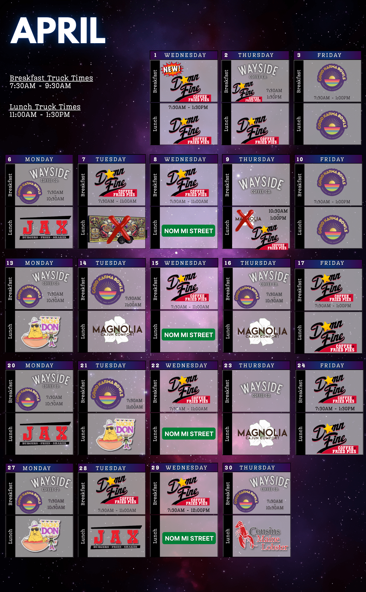 April 2026 Food Truck Schedule for Building 11 at Johnson Space Center.