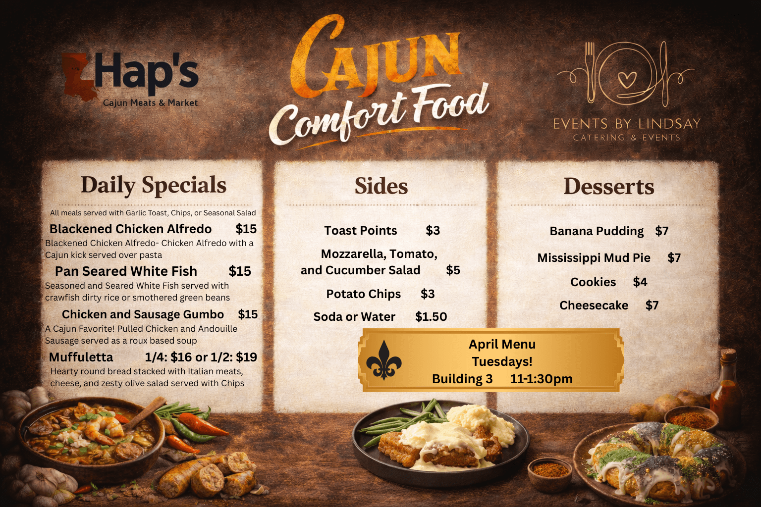 A menu for Cajun Comfort, a JSC B3 food vendor on Tuesdays.