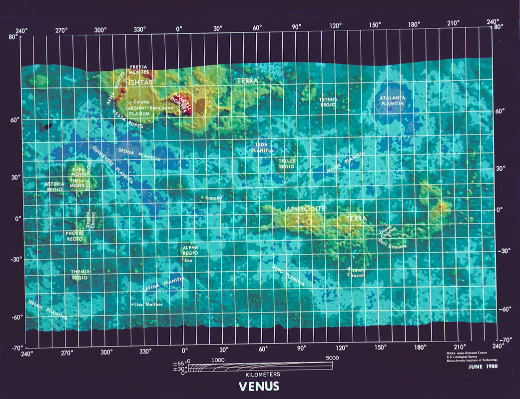 Map of Venus compiled from data recorded by Pioneer Venus Orbiter spacecraft.