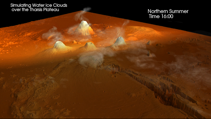 A moving graphics interchange format (GIF) showing white clouds coming over bright orange/red Mars.