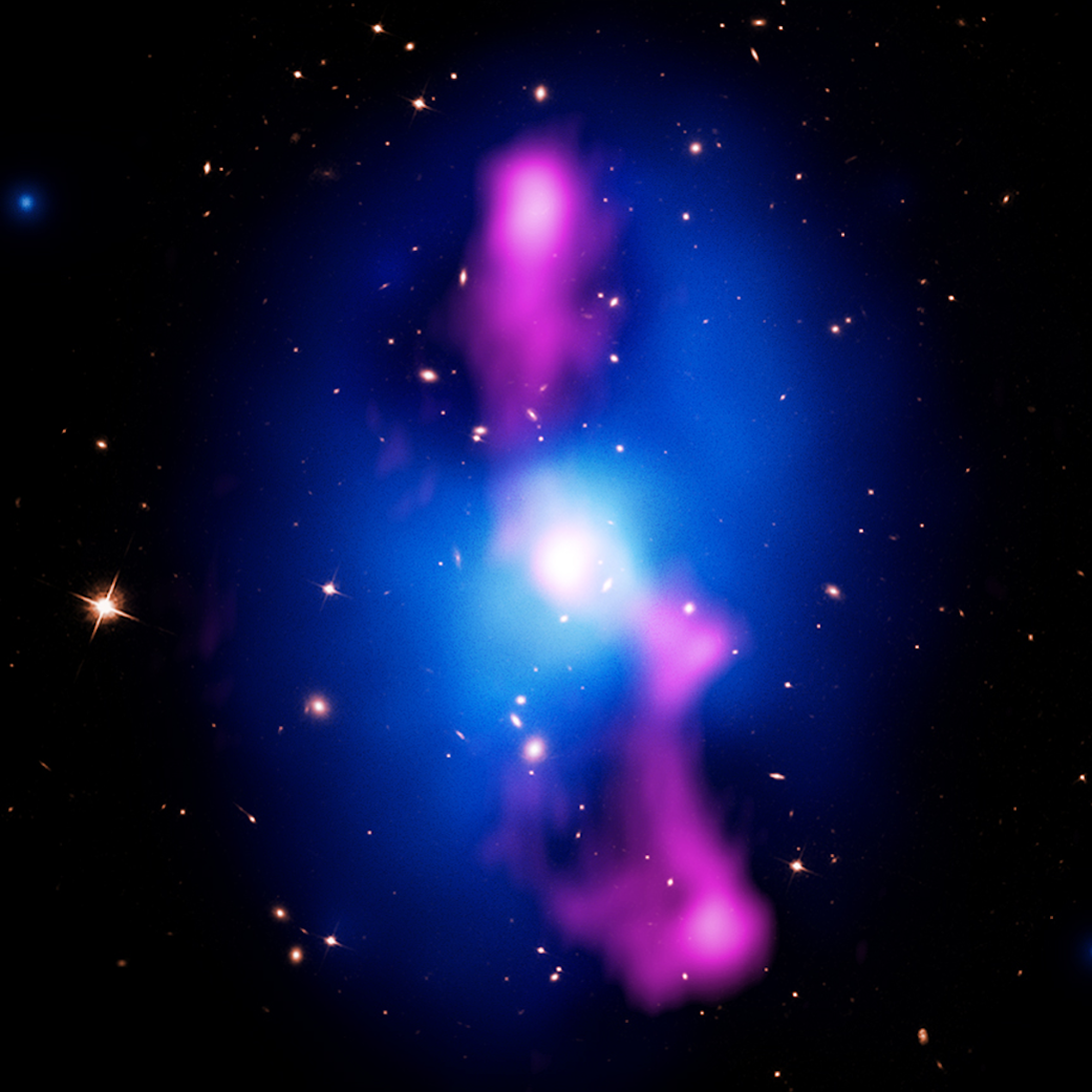 Bright jets bursting in blue circle with pink at top center and bottom center against deep space