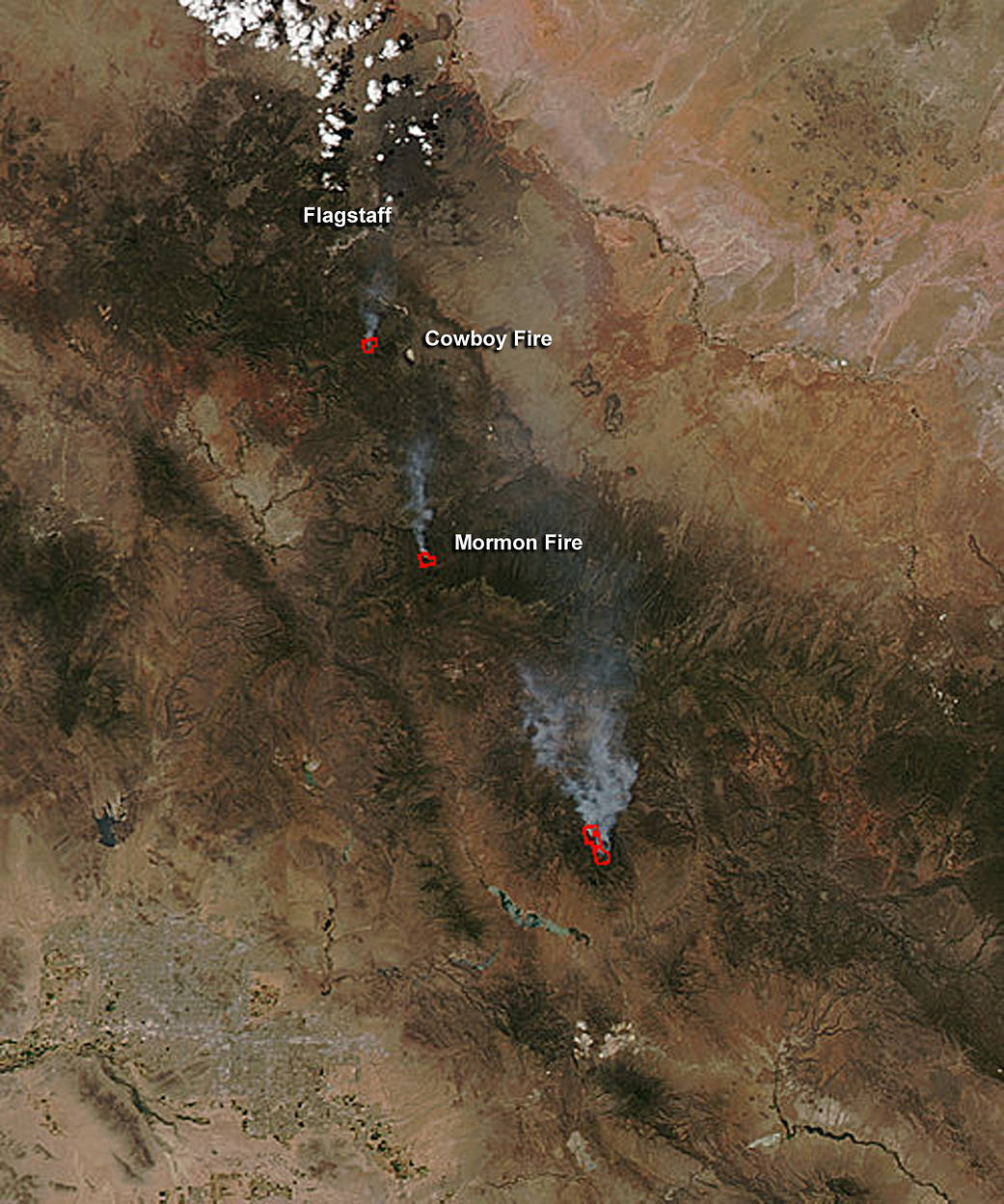 Visible-light image of two fires in Arizona