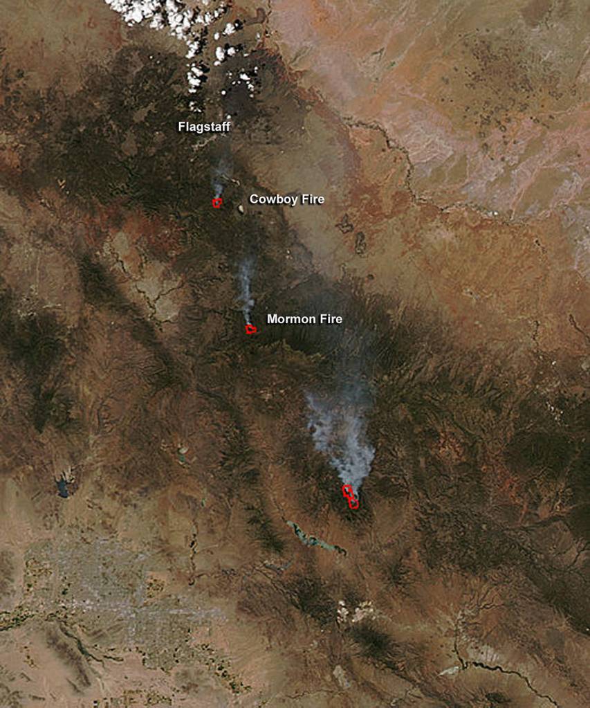 NASA’s Aqua Satellite Sees Cowboy and Mormon Fires in Arizona