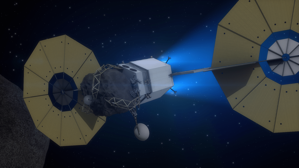Concept image showing the ARV and captured boulder in transit toward lunar orbit