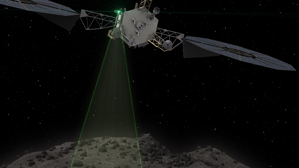 Concept image of the ARV characterizing boulders on an asteroid's surface.
