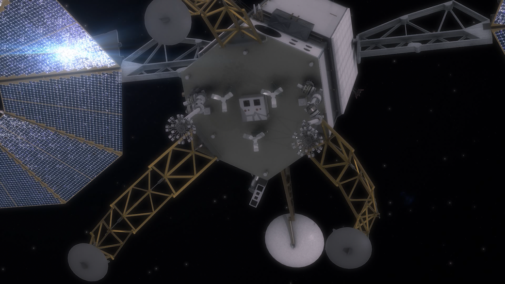 Concept image of the ARV descending to an asteroid surface. 