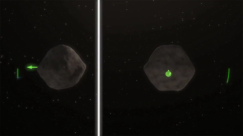 Animation showing two views of asteroid with thin green line circling around