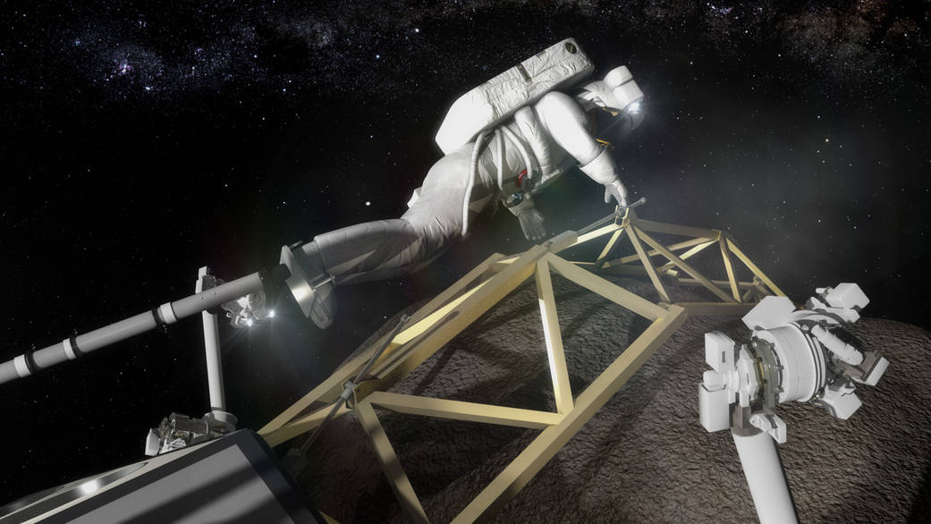 Concept image of an astronaut exploring the captured boulder.