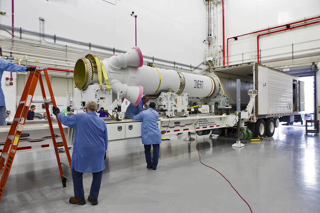 The launch abort motor for NASA's Artemis 1 missions arrives at the LASF at Kennedy Space Center on June 6, 2019.