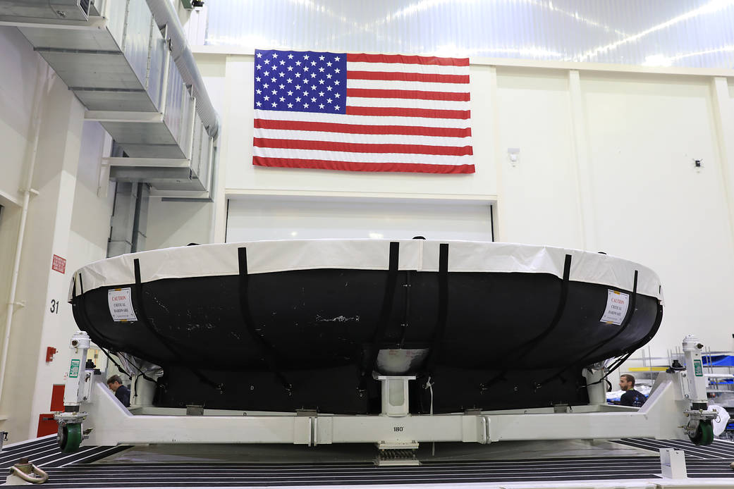 The heat shield for Artemis 2, the first crewed mission, arrives at Kennedy Space Center in Florida on July 9, 2019