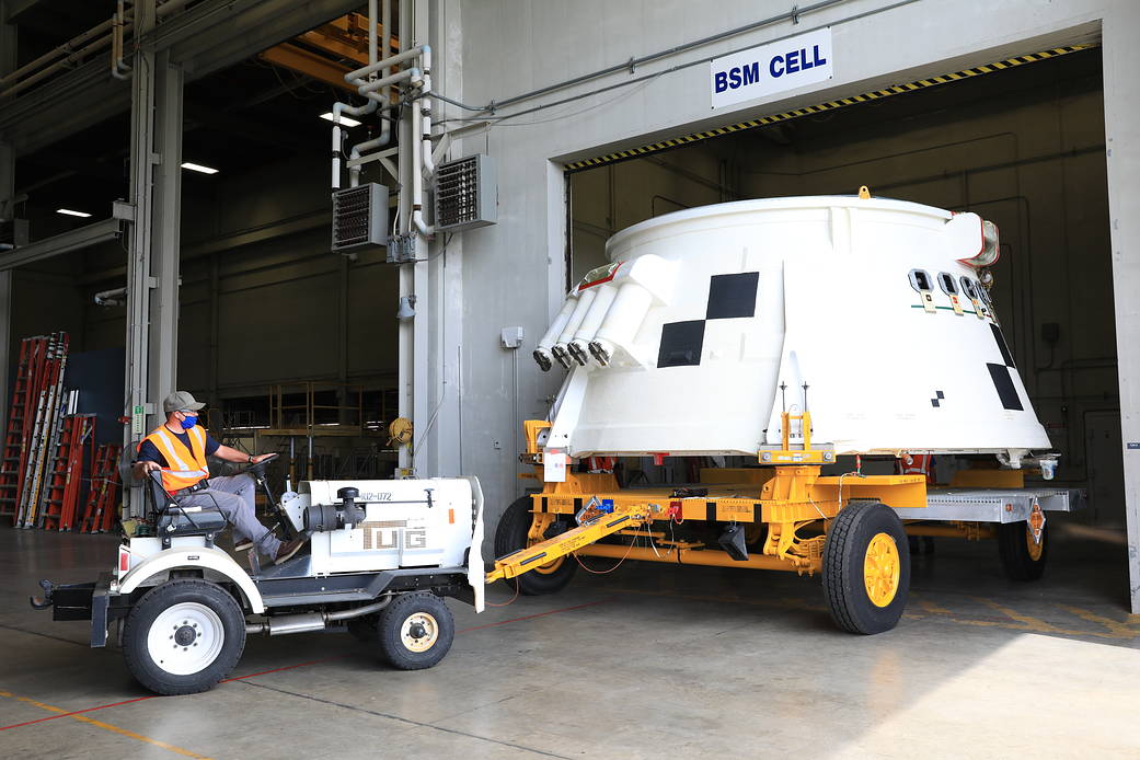 The first of two aft skirts for Artemis I for NASA's Space Launch System solid rocket boosters is moved from the BFF.