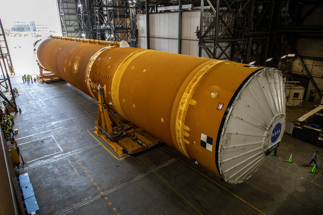 The core stage for NASA's Artemis I mission arrives in the Vehicle Assembly Building at the agency's Kennedy Space Center in Florida on April 29, 2021.